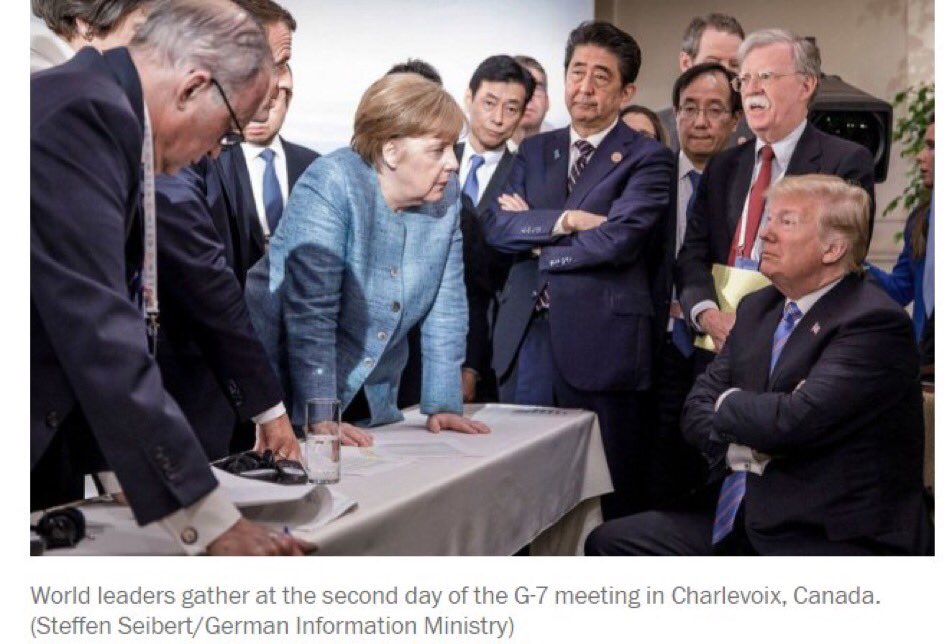 Everybody else, evidently, thinks this picture shows a weak or besieged Trump.  What I see is that the whole world is surrounding him, wondering how he will affect them.  They don’t like change, and he’s disruptive.