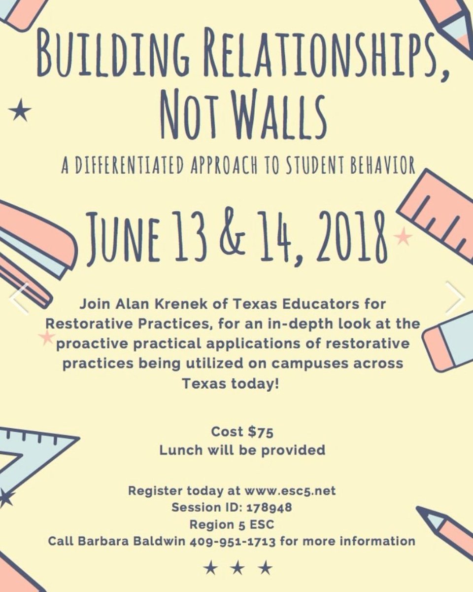 Alkren62's tweet photo. If you're #free &amp; wanna discover the transformative power of #restorativepractices in the #classroom Come hang out w/me @Region5ESC for 2 days of #relationalrigor &amp; discover 6 #proactive tools for building a #connectedclassroom #ConnectB4Content #nedrp 🍎🍎 https://t.co/RO4BPowiHB