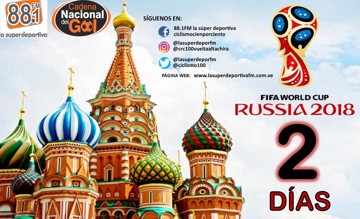 0️⃣2️⃣⏳
SOLO 02 DÍAS para el comienzo del🇷🇺MUNDIAL RUSIA 2018🇷🇺️
y nuestro equipo de la 88.1FM LA SÚPER DEPORTIVA esta preparado para llevarles toda la información de este GRAN EVENTO DEPORTIVO