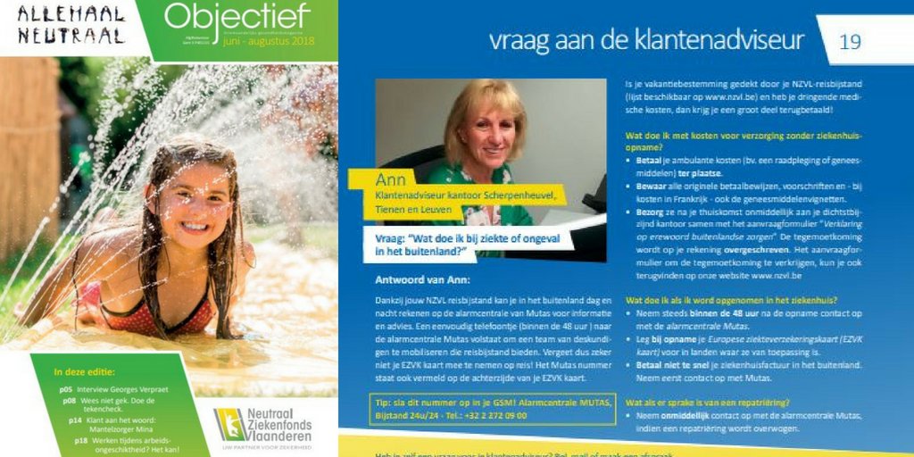 NZVLziekenfonds's tweet image. In ons ledenblad #Objectief juni 2018 kom je van Ann, #kantenadviseur @Scherpenheuvel @Tienen @Leuven te weten wat je moet doen bij ziekte of ongeval in het buitenland. Lees het nummer hier online: nzvl.be/content/object…
