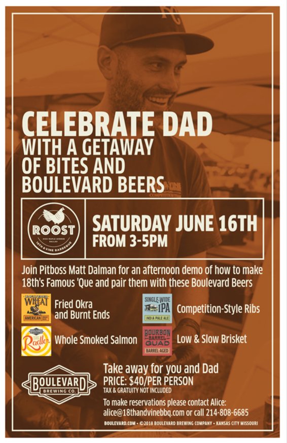 It's time to show dad you know what's best! Tomorrow, join 18th &amp; Vine's pitboss Matt Dalman for an afternoon demo of how to make our famous 'Que and pair them with some savory Boulevard beers! 

$40 per person. Call (214) 808-6685 or email alice@18thandvinebbq.com to reserve.