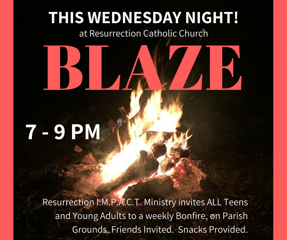 ResYouthMin's tweet photo. Bonfire THIS WEDNESDAY! 7pm at Resurrection Catholic Church-Wayne
All Teens and Young Adults invited! https://t.co/1oAqwwMekv