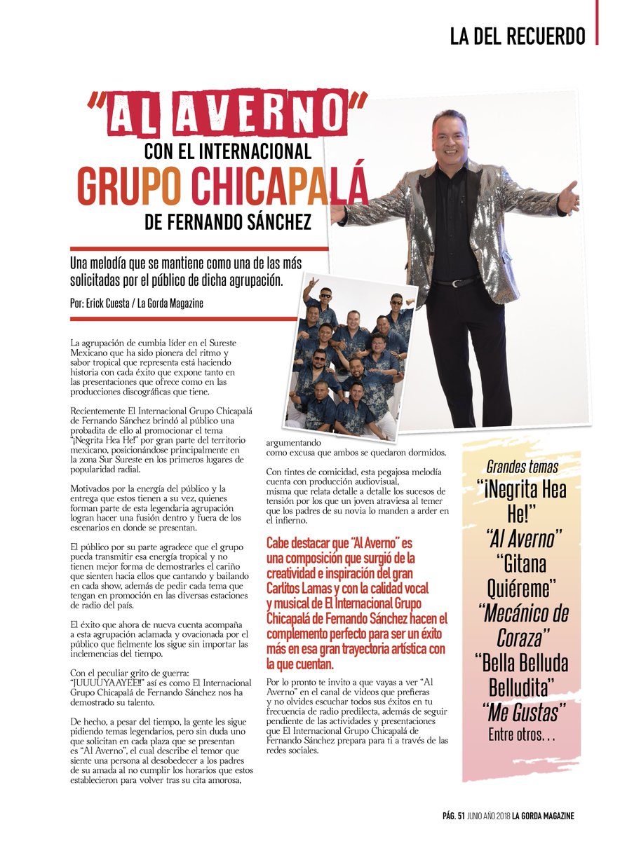 lagordamagazine's tweet photo. "Al Averno" 😈 con el Internacional grupo Chicapalá de Fernando Sánchez @IChicapala 🎶📻 una melodía que se mantiene como una de las más solicitadas por el público. ¿ya la escuchaste? 😉💯 Sigue a La Gorda Magazine:  ➡️ https://t.co/APpL7o7VM6 https://t.co/7f7tAAF9Im