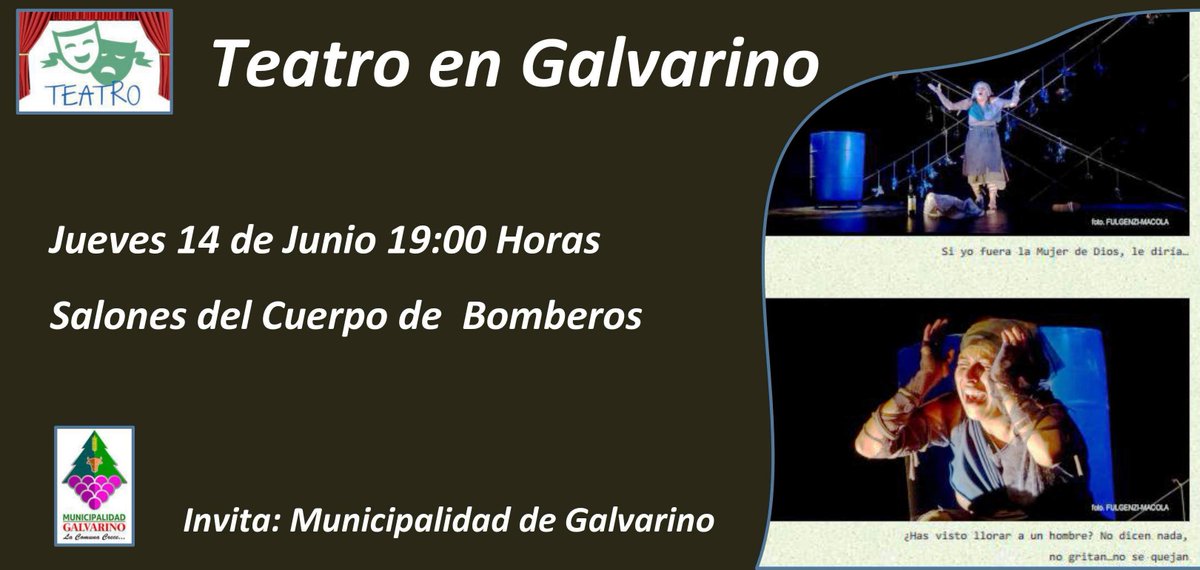 El próximo Jueves 14 de Junio, a las 19:00 horas  en los salones del Cuerpo de Bomberos, se presenta en la comuna de Galvarino la Obra de teatro  "Isabel Desterrada en Isabel",
Entrada Gratuita..