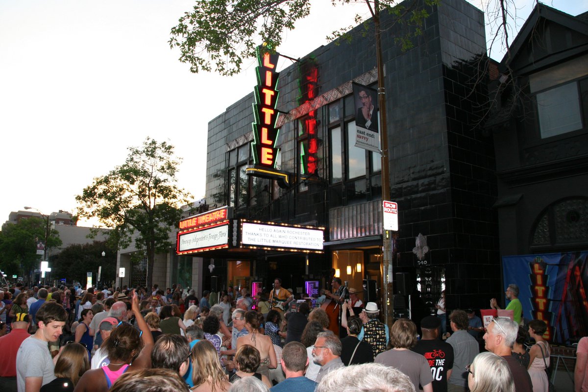 TheLittleRoch's tweet photo. On this day (June 12, 2017): Our historic marquee once again lit up East Ave. after undergoing a vital restoration. We shut the street down, and partied into the night! #LittleGetsLit #LittleHistory https://t.co/8iOkKA5ubb