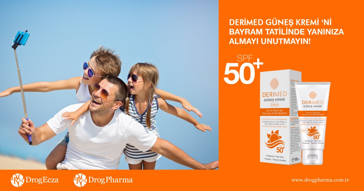 Drogpharma's tweet photo. DERİMED GÜNEŞ KREMİNİ BAYRAM TATİLİNDE YANINIZA ALMAYI UNUTMAYIN! #Derimed #Güneş Kremi ile Çok Yüksek Etkili 
#UVA &amp; #UVB Koruması!
#UVA • #UVB • #TitaniumDioxide • #Panthenol • #AloeVera • #Papatya https://t.co/85kEGxI95L