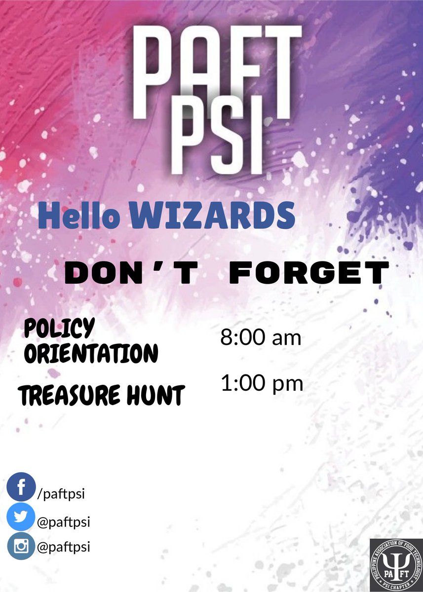 PaftPsi's tweet photo. WIZARDS . DON'T FORGET
JUNE 13,2018

POLICY ORIENTATION 8:00AM
@ Dr.Rotoras Memorial Hall

TREASURE HUNT 1:00PM
@ USTP GROUNDS

SEE YAH 😚😚 https://t.co/HoiygPJjv7