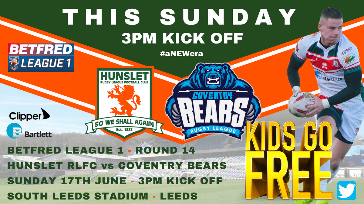 HunsletRLFC's tweet photo. ❗️#RETWEET FOR A CHANCE TO WIN 2 FREE TICKETS❗️

🎟 For a chance to win 2 FREE tickets to Hunslet RLFC vs @CoventryBearsRL this Sunday, Kick Off 3pm #retweet this post👍 - The winner will be chosen Friday! T&amp;Cs Apply 👍👌 https://t.co/2Azp20kuRu