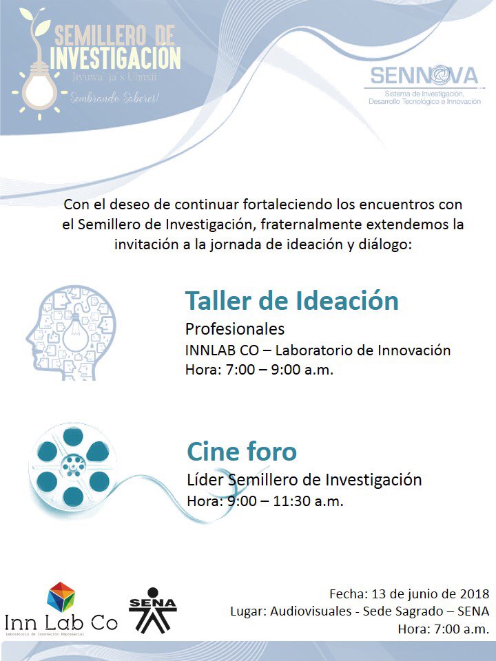 InnLabCo's tweet photo. Este miércoles estaremos trabajando con el semillero de investigación del #SENAClem #Ideas #Retos #innovación generando valor en los procesos de formación @angiema79 @patricialondono @EmilioSENNOVA @SENAComunica https://t.co/vDf3vbYRgF