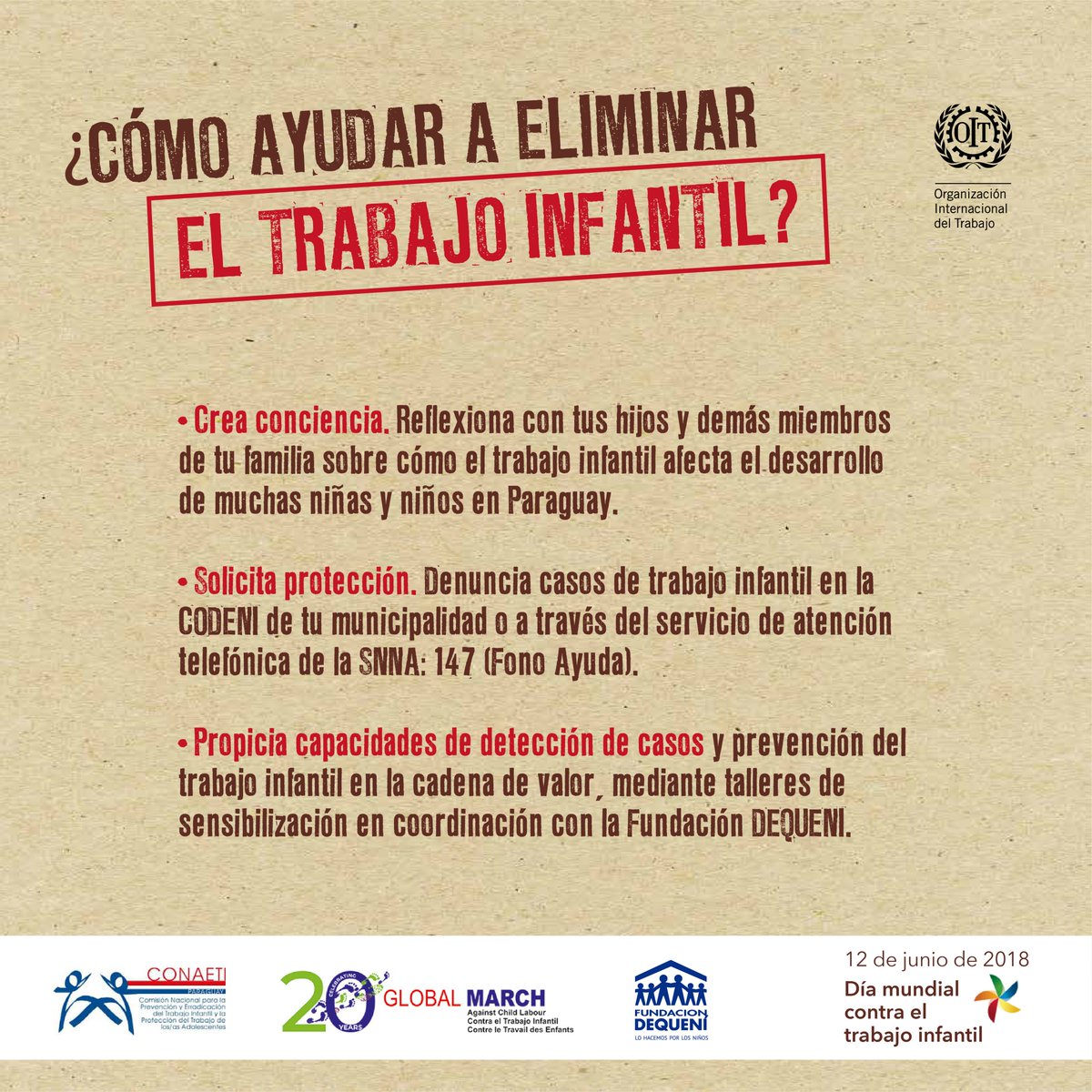 Dequeni's tweet photo. Día Mundial Contra el Trabajo Infantil | Por los más de 400 mil niñas y niños que trabajan en nuestro país, alcemos nuestras voces y digamos NO al #TrabajoInfantil📢
#NoChildLabour #20YearsofGlobalMarch https://t.co/Exkcvsxa83