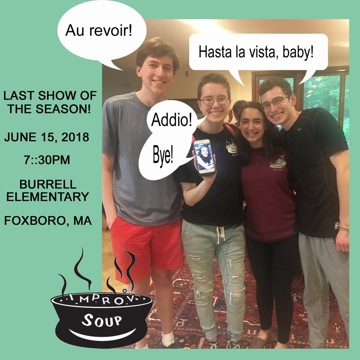 uncotheatre's tweet photo. It's our last Improv Soup show of the season! Come help us send off our senior troupe members with a big laugh on June 15, 7:30pm at Burrell Elementary/Foxboro. Tix at the door: $8 adults/$5 students & seniors. #improv #improvsoup #uncommontheatre #laugh #comedy #fun #seniors https://t.co/oXrFLyqV8k