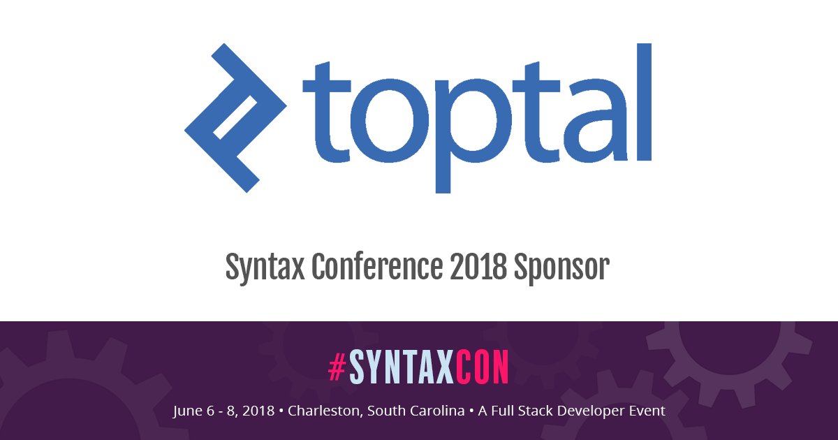 syntaxcon's tweet image. Thanks to @toptal, a network of the top 3% of software engineering and design talent, for being a 2018 Sponsor of #SyntaxCon: toptal.com  . . . [ #design #ux #developer #programming #code #javascript #databases ]