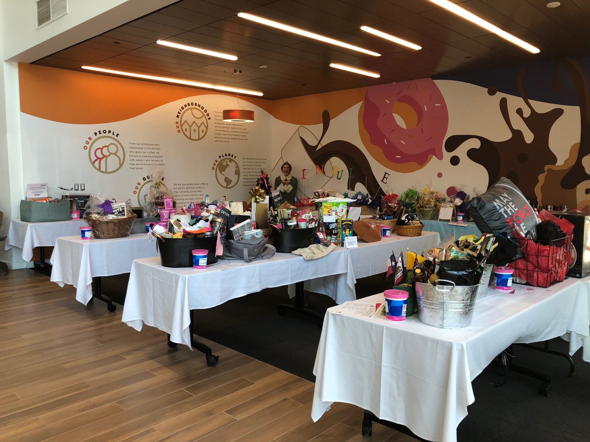It's time for our favorite yearly raffle to benefit the Joy in Childhood Foundation! Departments sponsored baskets with airline tickets, dinners with company leadership, and a complete tailgate kit that includes Taylor Swift tix! #JiCF #DunkinBrandsLife ow.ly/FLia30kt0ds