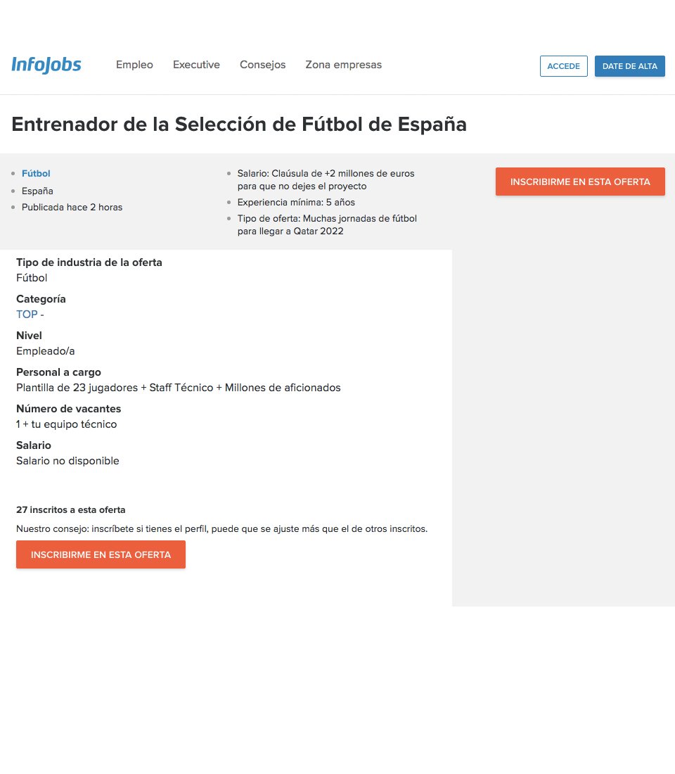 InfoJobs's tweet photo. 💣 Ya está publicada la oferta de #trabajo para cubrir el puesto de entrenador de #ESP que ha dejado Julen Lopetegui 

Aquí tenéis más info 👇⚽️ https://t.co/VJy7NVPHGF