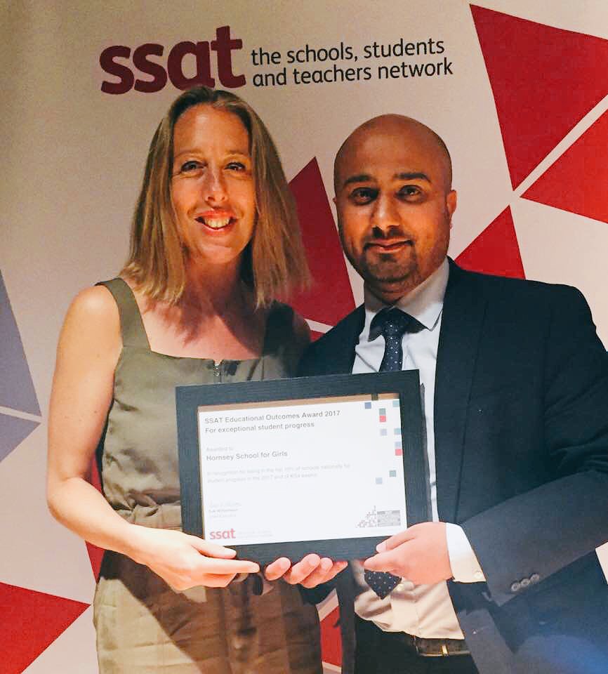 HornseySchool's tweet photo. Mr Ali &amp; Ms Hewitt delighted to accept our @ssat award for being in the top 10% of schools in the country ! (As well as being the highest performing school in @haringeycouncil for progress) Thanks to all in our school community who all contribute every day to our success. #top10 https://t.co/XCRUHiCM75