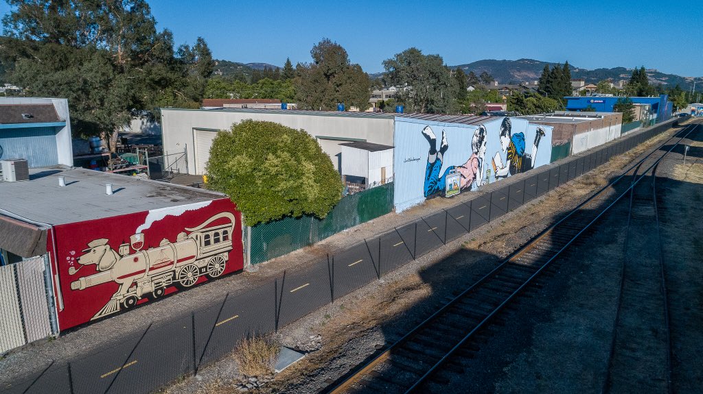 ThinkspaceArt's tweet image. Completed #mural “The Whine Train” from #JeremyFish @JeremyFish for Thinkspace’s curation of @napa_rad in #Napa #California - many thanks to @winetrain &amp;amp; @NVVineTrail for the support!