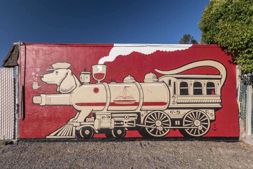 ThinkspaceArt's tweet image. Completed #mural “The Whine Train” from #JeremyFish @JeremyFish for Thinkspace’s curation of @napa_rad in #Napa #California - many thanks to @winetrain &amp;amp; @NVVineTrail for the support!
