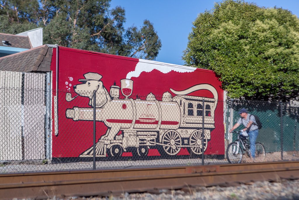 ThinkspaceArt's tweet image. Completed #mural “The Whine Train” from #JeremyFish @JeremyFish for Thinkspace’s curation of @napa_rad in #Napa #California - many thanks to @winetrain &amp;amp; @NVVineTrail for the support!