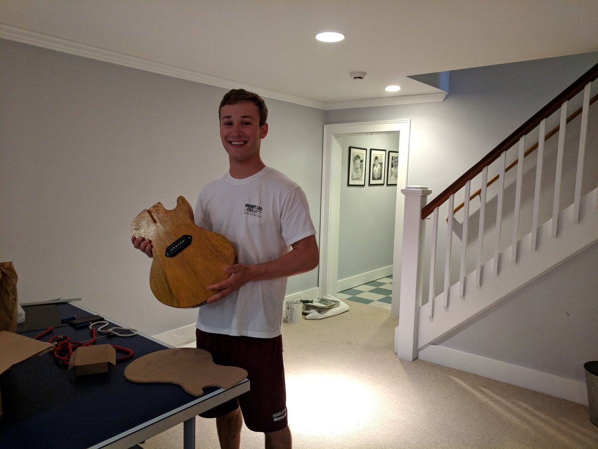 mrwalach's tweet photo. I just finished visiting Ryerson and Pierce in Old Greenwich to see their senior project. They're building guitars! The bodies started from solid blocks of wood and they are wiring it themselves. Should be ready for Monday's exhibition. Impressive! @GHSHeadmaster @GHSPTA https://t.co/iZtcKuN6x7