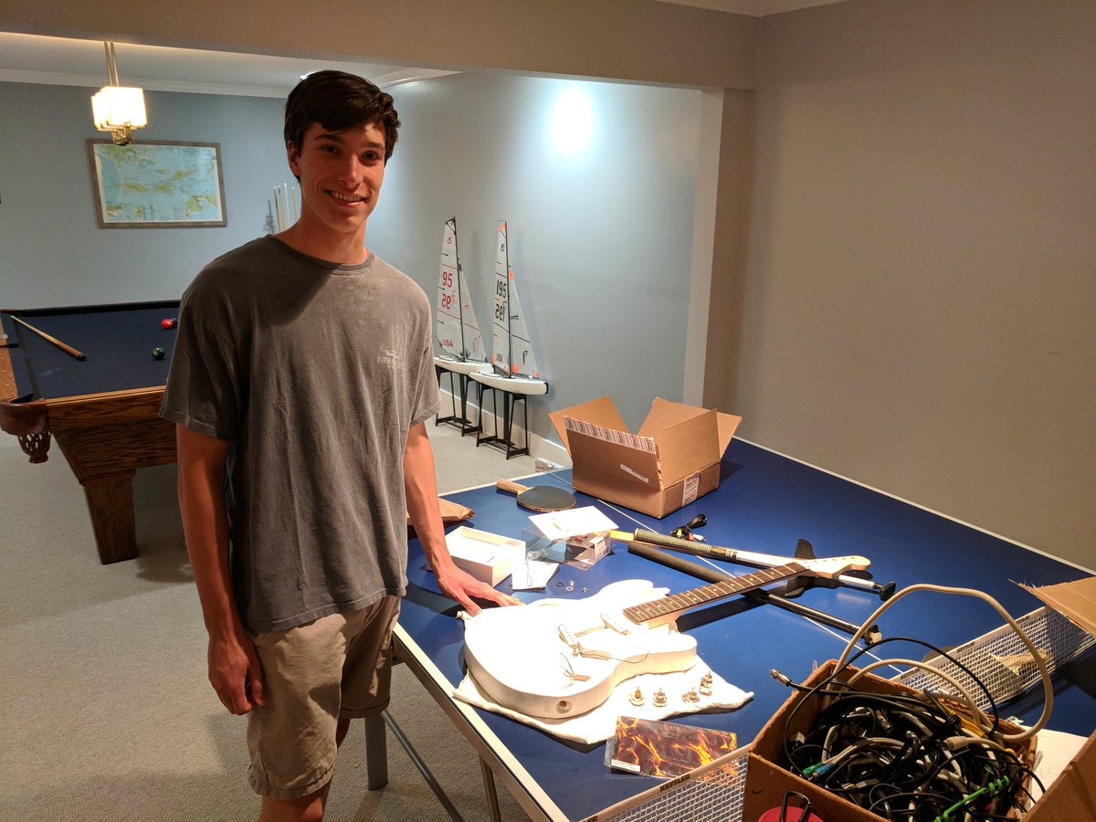mrwalach's tweet photo. I just finished visiting Ryerson and Pierce in Old Greenwich to see their senior project. They're building guitars! The bodies started from solid blocks of wood and they are wiring it themselves. Should be ready for Monday's exhibition. Impressive! @GHSHeadmaster @GHSPTA https://t.co/iZtcKuN6x7