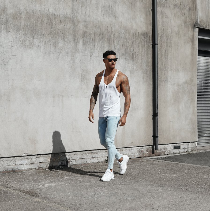 Summer Styling... The White ALIVE Gym Vest Worn With The Bleach Blue Essentials