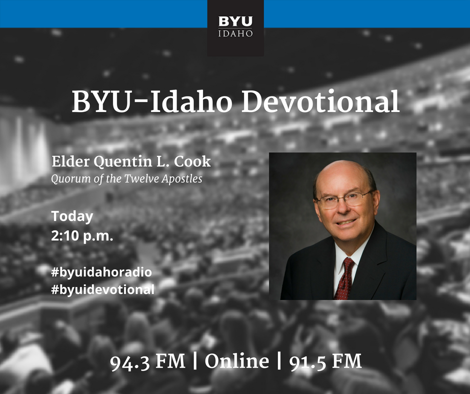 byuidahoradio's tweet photo. Don't miss Elder Quentin L. Cook who is speaking at today's #BYUIDevotional. If you can't make it to the BYU-Idaho Center you can listen live on 94.3, 91.5, 88.3 FM or stream it online at https://t.co/X2J7ChX2A5. Join us at 2! #BYUIdaho https://t.co/xLtKz6KmPc