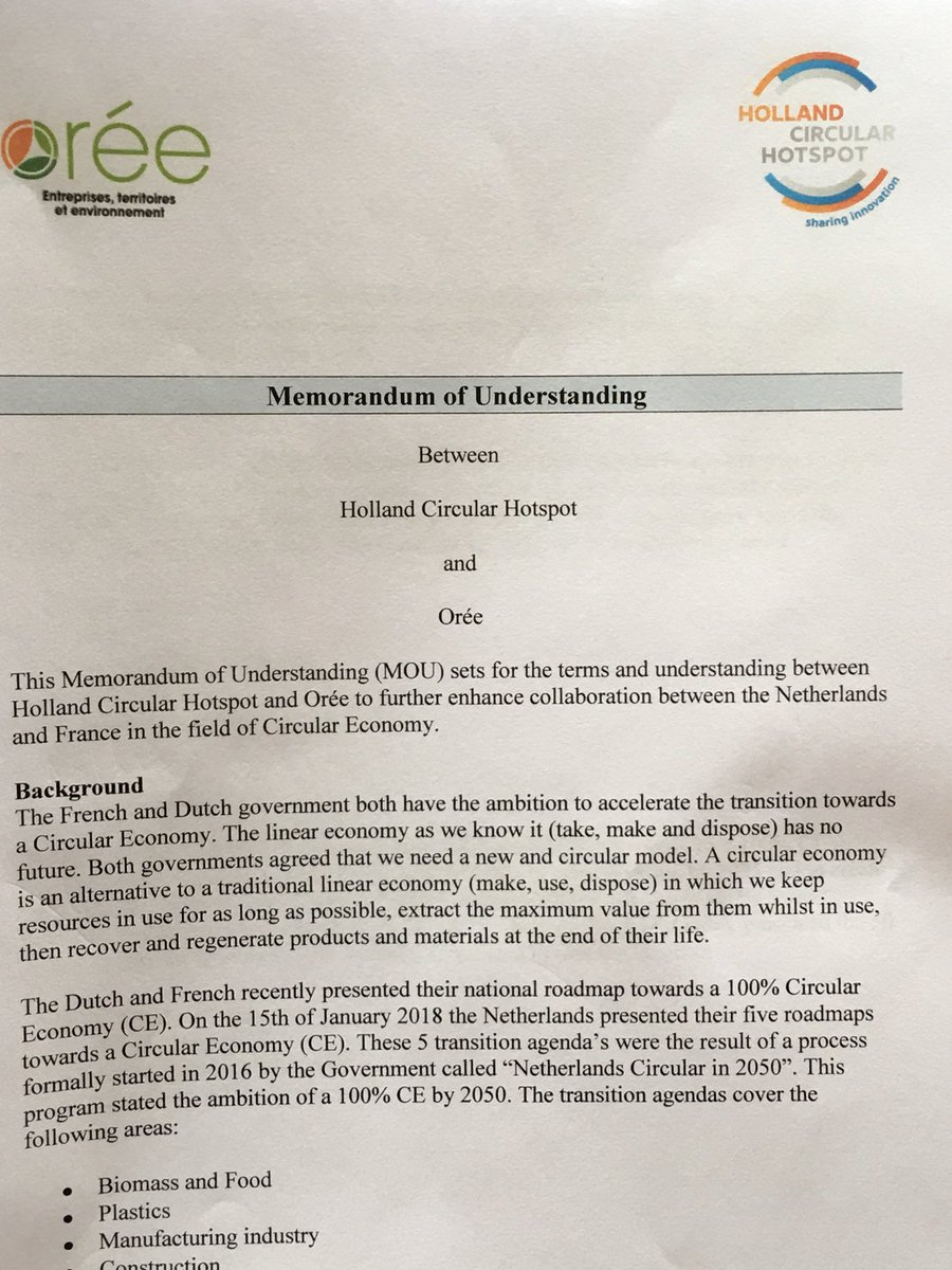Signature d’un accord de partenariat entre <a href="/AssoOree/">OREE</a> et le <a href="/CircularHotspot/">HollandCircularHotspot</a> 

La poursuite d’une collaboration pour des pays et des économies plus durables 

#EntronsDansLaBoucle #HCEW2018