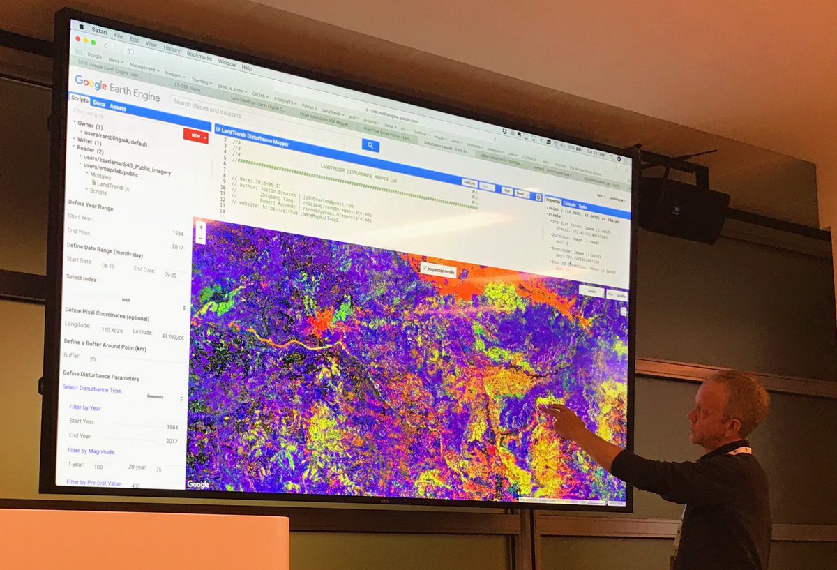 Dr. Kate Fickas (@katefickas) on Twitter photo It’s #GEE #LandTrendr in the flesh! Delighted to test out the temporal segmentation <a href="/eMapR_Lab/">eMapR Lab</a> algorithm API with <a href="/GeoTrendRob/">Robert Kennedy</a>. You can find the repo here 👉🏻 github.com/eMapR/LT-GEE/
#eeus18 <a href="/googleearth/">Google Earth</a> It’s #GEE #LandTrendr in the flesh! Delighted to test out the temporal segmentation <a href="/eMapR_Lab/">eMapR Lab</a> algorithm API with <a href="/GeoTrendRob/">Robert Kennedy</a>. You can find the repo here 👉🏻 github.com/eMapR/LT-GEE/
#eeus18 <a href="/googleearth/">Google Earth</a>