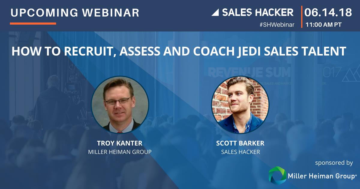 MillerHeiman's tweet photo. Only 2 days left to sign up for @Saleshacker's #webinar and learn the best blueprint for managing talent in #sales, how to reliably and repeatedly predict the success of a #salesperson and more! Register here: https://t.co/IW7MkzwzZq #SHWebinar https://t.co/1MmqQvvdKb