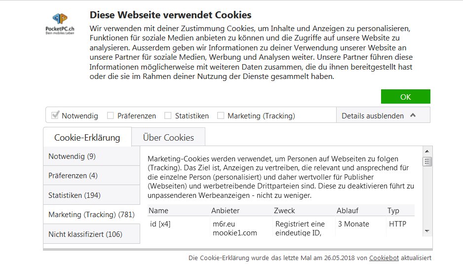 Highscore: Nur 1094 Cookies mit einem Seitenaufruf von pocketpc.ch 
Leute, das will doch keiner runterladen müssen. Immerhin jetzt mit Opt-In.
#cookienoia