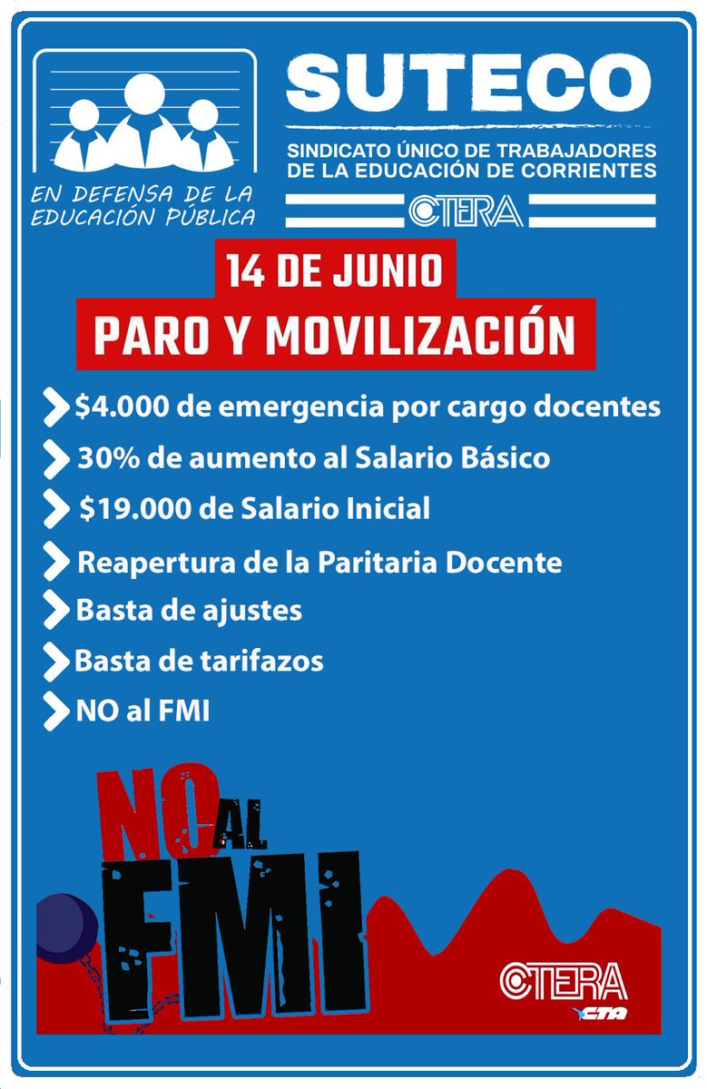 Este #14J en la jornada nacional de paro y movilización <a href="/SutecoCtera/">Suteco</a> exigirá: $4.000 de emergencia por cargo docentes, 30% de suba al Básico, $19.000 de Salario Inicial, Reapertura de la Paritaria Nacional; Basta de ajustes, tarifazos, NO al FMI [bit.ly/2JA9o94]