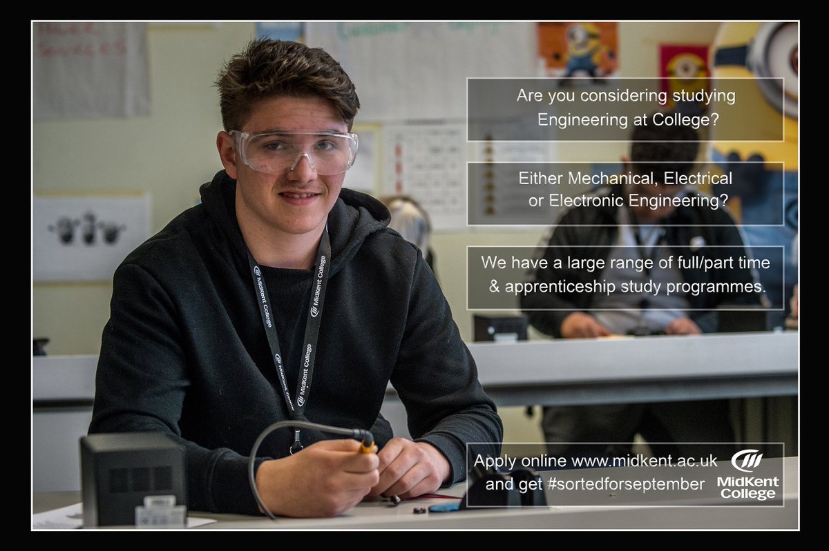 MidKentCollege's tweet photo. Are you considering your options and thinking of studying Electrical, Mechanical or Electronic Engineering? Check out our range of full/part time and apprenticeship study programmes https://t.co/NCu0cKcOVI and #getsortedforseptember #cometocollege https://t.co/fadjuU3JpZ