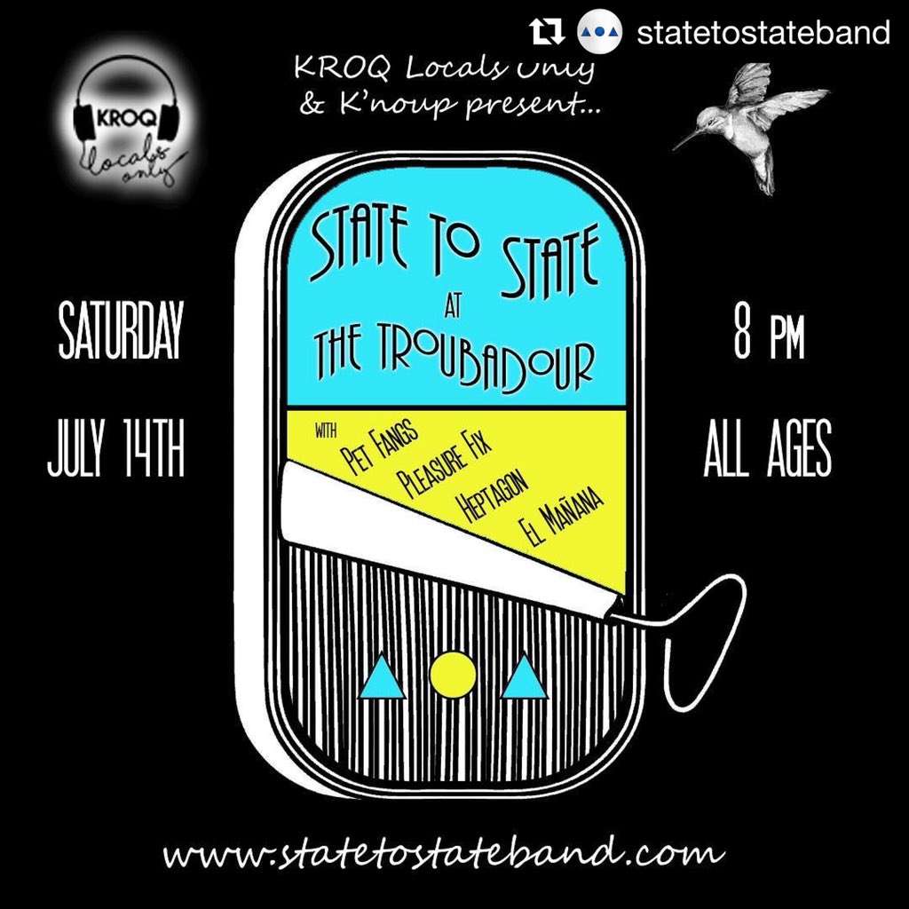 statetostatebnd's tweet image. New #show announced! @kroq, @theTroubadour, and K’noup present @statetostatebnd at The Troubadour Saturday, July 14! We will be raffling off a @shure microphone that will be used for this show. #bandsoftwitter #concert #tour #musicnight #livemusic #sm58