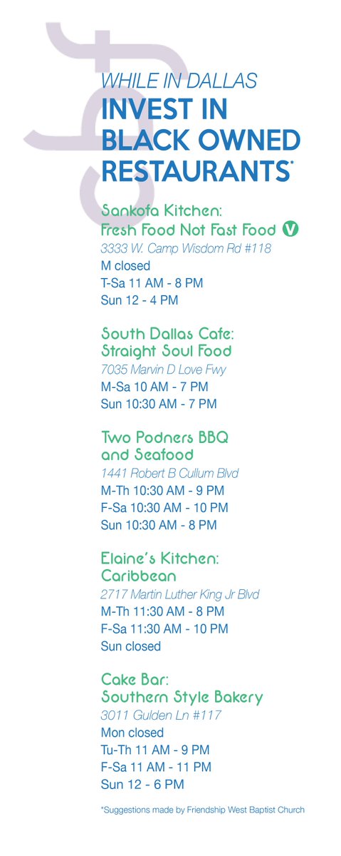 cbfinfo's tweet image. Headed to Dallas for #cbfassembly this week? Grab some great food and invest in Black-owned restaurants while you're there! Recommendations courtesy of friends at @friendshipwest