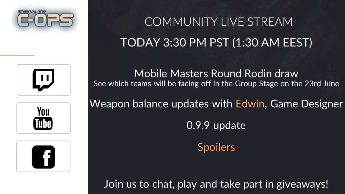 CriticalOpsGame's tweet image. Join us later today when we go live on twitch.tv/criticalopsgame and see which teams will be facing off in the Group Stage of Amazon #MobileMasters on Saturday 23rd June.
Also Edwin will join WattieX to talk about weapon balance updates and quick matches that will feature in 0.9.9