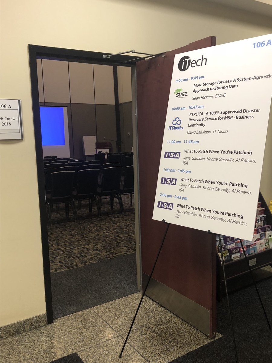 ISACybersec's tweet photo. ISA and @KennaSecurity present: “What to Patch When You’re Patching” at #iTechOTT today... Missed our 11am session? Don’t worry, we’re back on stage at 1:00pm & 2:00pm, Room 106A. #cybersecurity #ottawaconferencecentre https://t.co/3852COSoUz