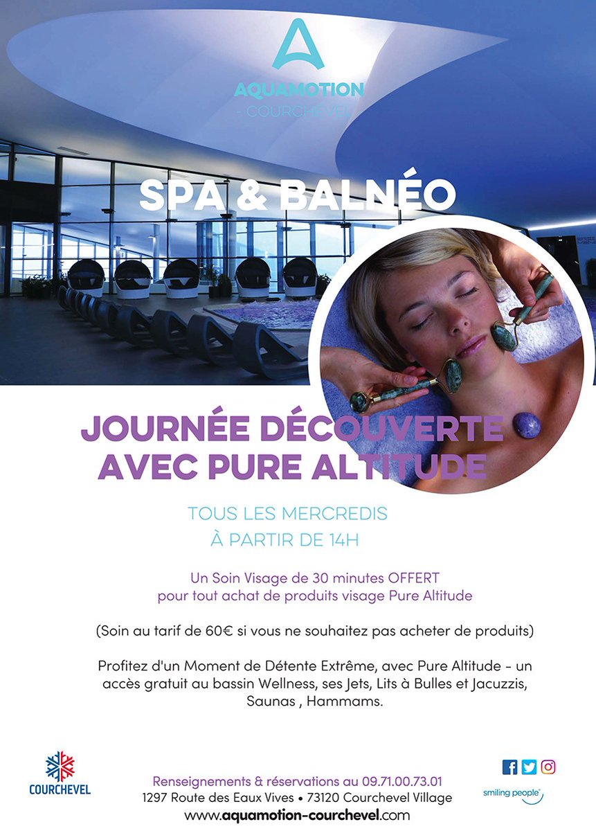 Aquamotion1650's tweet photo. [SPA&amp;Balnéo : Journée Découverte avec Pure Altitude] Tous les mercredis à partir de 14h, venez profiter de notre Journée Découverte avec @PureAltitude.  #Spa  #SoinVisage #Courchevel #PureAltitude https://t.co/INPXpigLlX