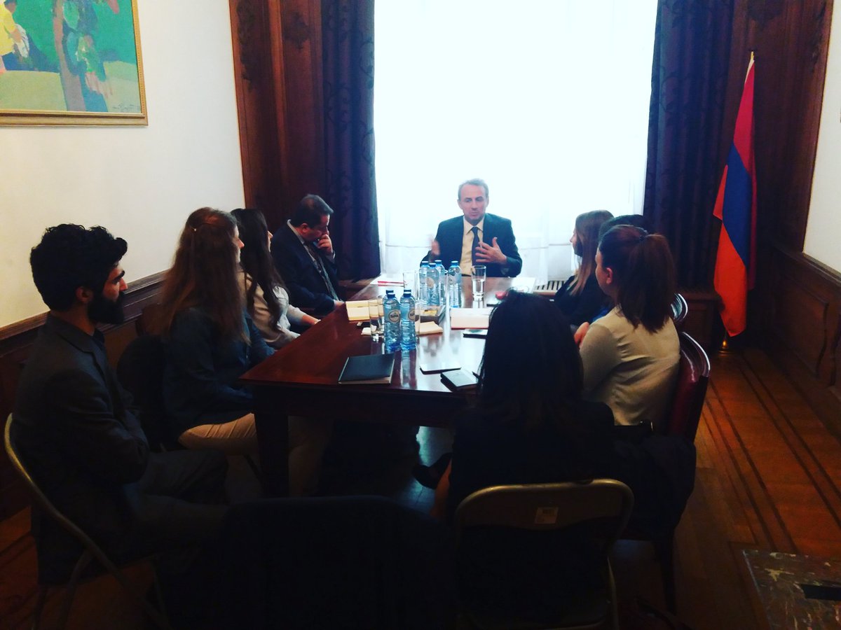 eafjd's tweet photo. Today the EAFJD Vahan Hovhannisyan Internship program members had a very interesting and useful meeting with H.E. Mr. Tatoul Markarian, Head of the Mission of #Armenia to the #EU and Mr. Arman Israelyan, Minister Plenipotentiary at the mission.
#EAFJD #VHIP #Internship2018 https://t.co/I1PIgJfhYM