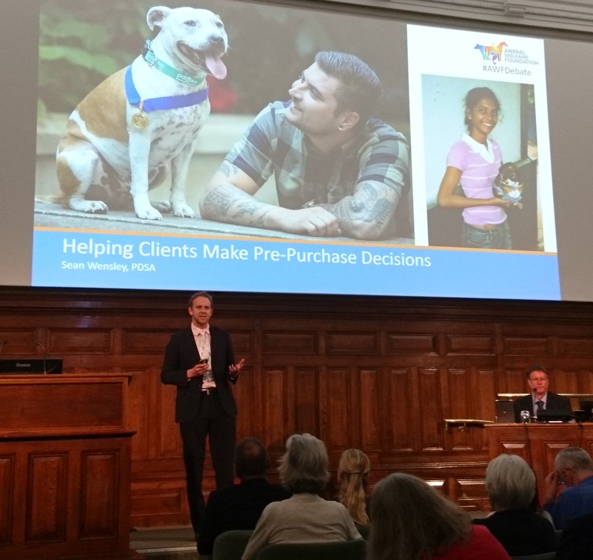AWF_VETS's tweet photo. BVA past president and @PDSA_HQ vet @SeanWensley cites concerning #petadvice ownership &amp; welfare  statistics from the latest #PAWReport to make a case for helping clients make better pre-purchase decisions #AWFdebate https://t.co/5MEZbic1j2