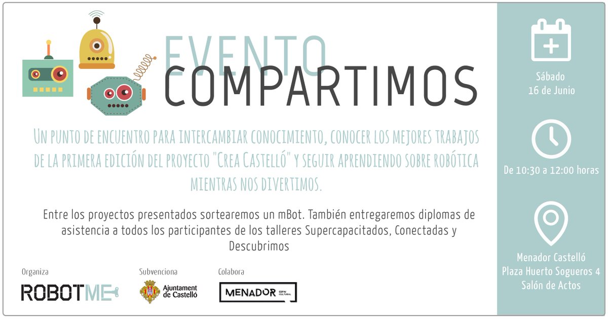 robotme_es's tweet photo. Tras 6 meses de trabajo, 3 talleres de robótica con distintos colectivos sociales y muchas horas de formación, el 16 de junio cerramos el proyecto Crea Castelló realizado con @AjuntCastello, ¿vienes a ver algunas de las soluciones desarrolladas? + info 👉 https://t.co/yopX2Jljyk https://t.co/t4KSVIEwxr