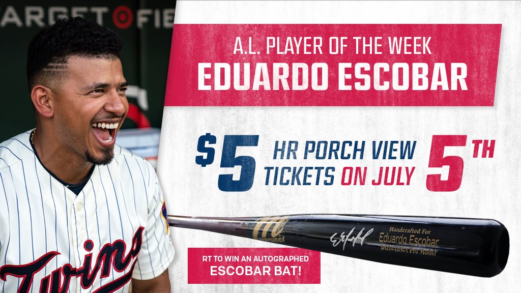 RT to win an autographed bat from the A.L. POW, Eduardo Escobar! 

You can see #5 play on July 5th for only $5! twinsbaseball.com/Esky