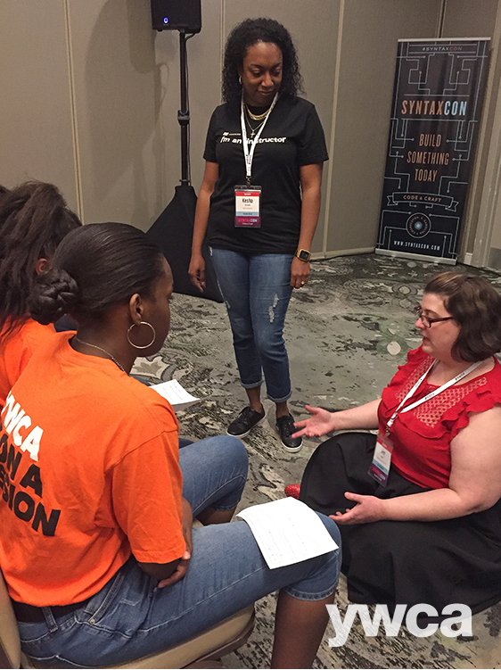 YWCAChasSC's tweet photo. TECH TUESDAY | Malaysia, Leondra, Diamond, and Imani from our #GirlsWhoCode and #YGirlsCode tech coding clubs enjoyed receiving personal advice from #WomenInTech at the #SyntaxCon Code & Craft conference last week! Here they're at the #TechGirlBoss Meet & Greet #EmpoweringGirls https://t.co/mBH6wVuNZZ