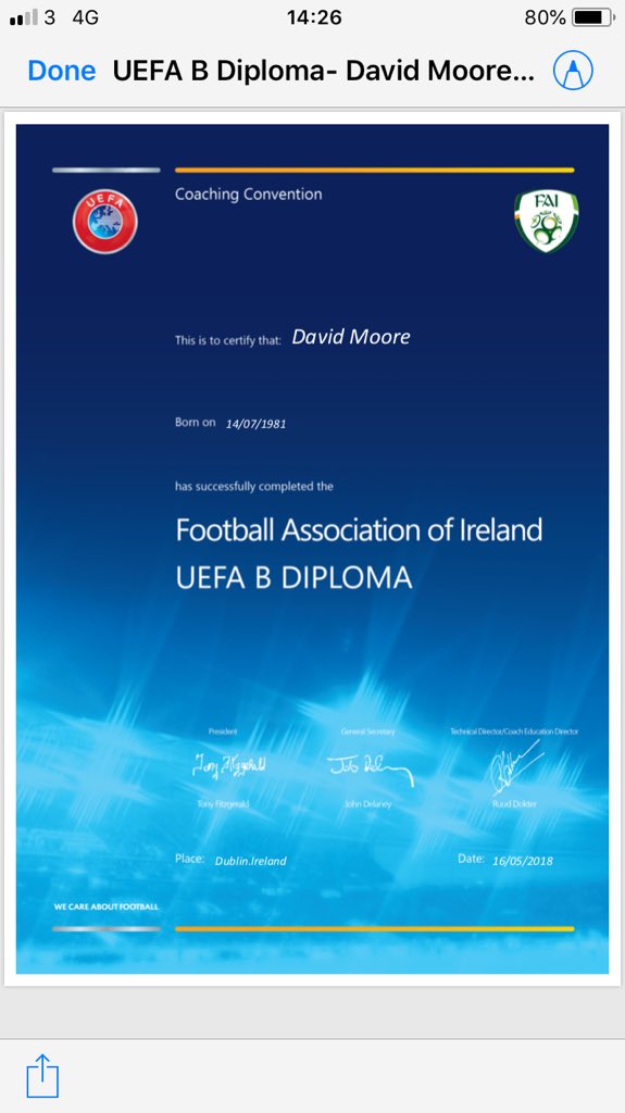 mooresy8's tweet photo. Delighted to have received my B-Licence. Thanks to @NiallORegan29 @davidbell0307 @pmlegend57 Stephen O Mahony @CraigSexton1  for their guidance on a great learning experience. Also a big thanks to the other coaches on the course. A great 8 months learning with this group. https://t.co/Xap8x9FNd3