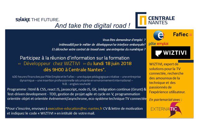 Vous vous intéressez au métier de #développeur(se) interface embarqué ? Inscrivez-vous à la réunion d'information sur la formation 'développeur chez @Wiztivi_France ' avec l'école @CentraleNantes 

#ingénieur #recrutement #formation #embarqué #HTML #Node #React #Javascript