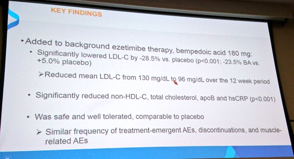 Late breaking trial: In patients with statin intolerance and on ezetimibe addition of bempedoic acid for 12 weeks lowers LDL by 23.5%. Also lowers hsCRP. Seems to be no major side effects in this study.
#ISA2018_Toronto #isa2018 #atherosclerosis #bempedoicacid #statinintolerance