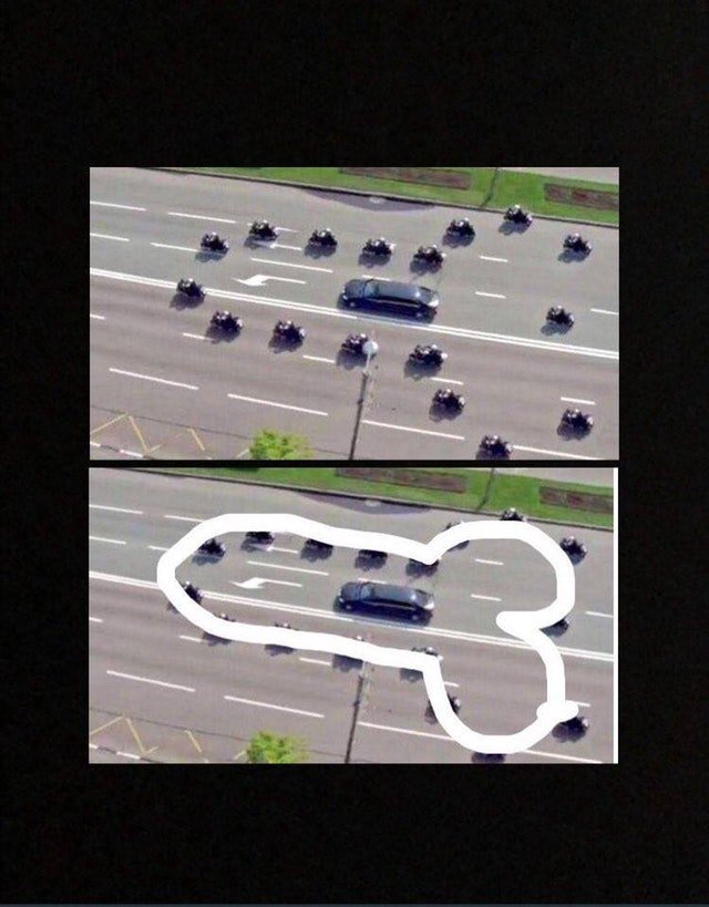 Stop_Trump20's tweet photo. Canadian outriders escort Trump's limo to the G7. Well played, Canada. https://t.co/wTeqNeqxLf
