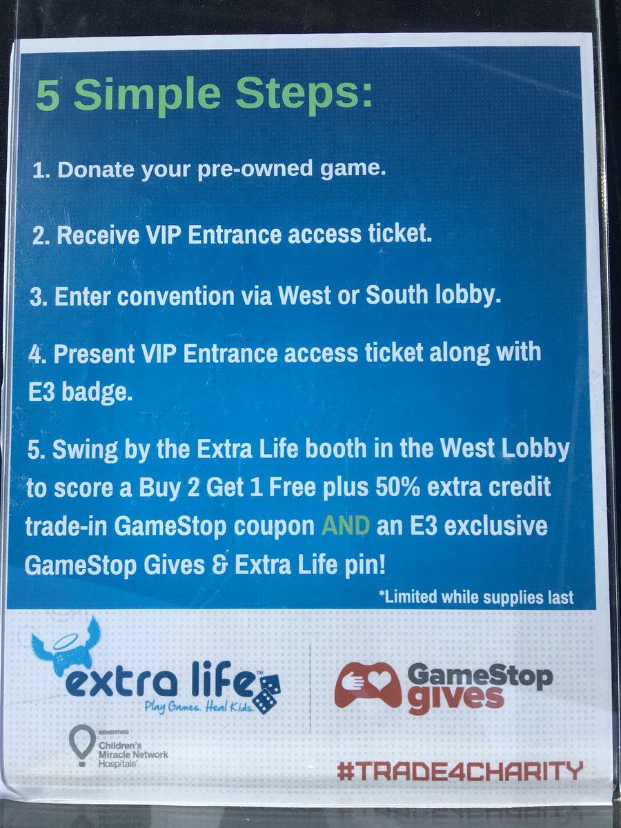ExtraLife4Kids's tweet photo. Five simple steps to getting into #E32018 early. Stop by our @gamestop pop up truck! https://t.co/qAjYLFEeLs