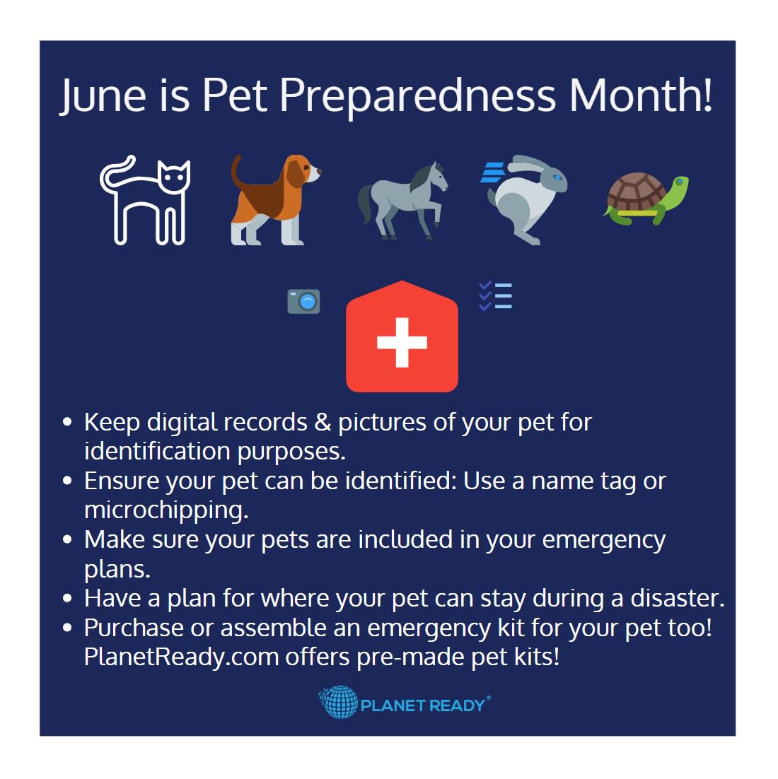 PlanetReady's tweet image. June is Pet Preparedness Month! Do you have an emergency plan for your pets too? Animals left behind in a disaster can easily be lost or injured. Review the tips below to keep your pets safe!