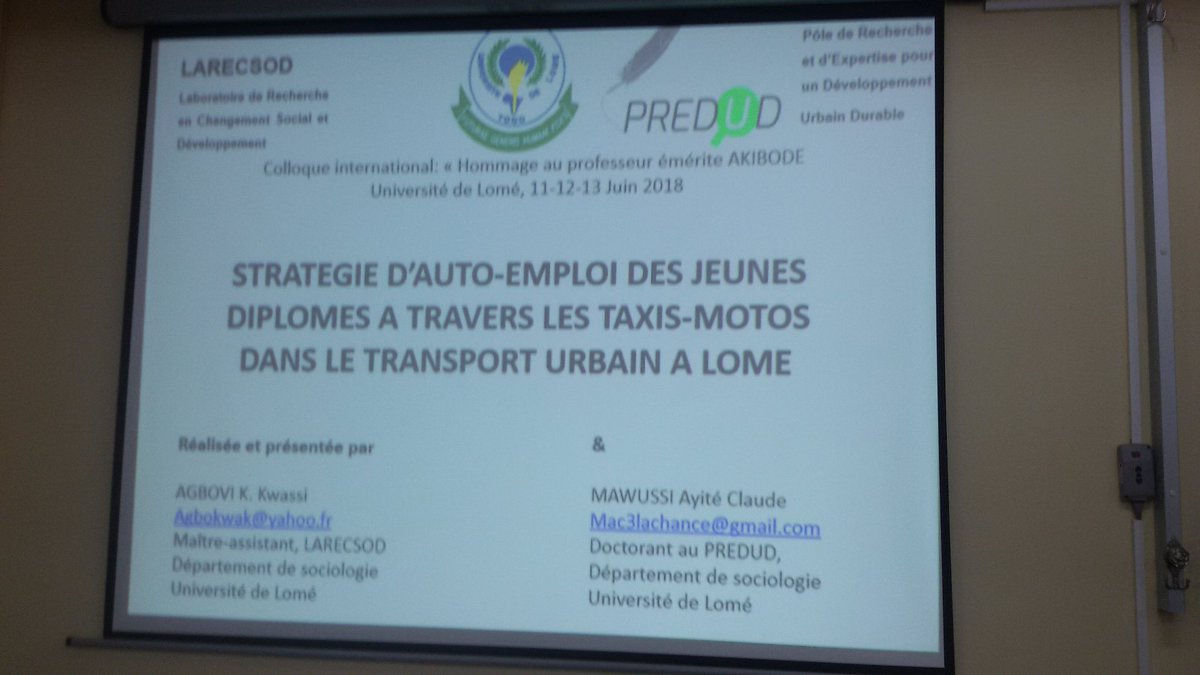Atelier 6, thème 5 : lesstrategies d'auto emplois des jeunes diplômés à travers les taxis - motos dans le transport urbain à Lomé par Claude #AGBOVI du #Togo <a href="/Wkperkouma/">WALA Kperkouma</a> <a href="/mediacampus_ul/">Media Campus Université de Lomé</a> @UniversitedeLom <a href="/Geo_Univlome/">Géographie_UnivLomé</a> <a href="/EHESS_fr/">EHESS</a> <a href="/laspad_ugb/">LASPAD</a> <a href="/Geographie_UQAM/">Géographie UQAM</a> <a href="/CEC_UL/">CEC</a>