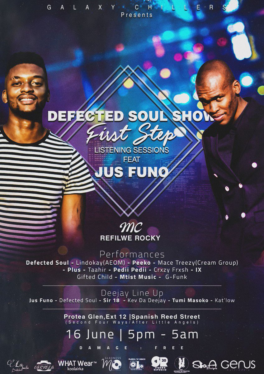 DefectedSoul_SA's tweet photo. 🌍GALAXY CHILLERS Presents DEFECTED SOUL Show🌍 16 June 2018,Protea Glen Ext 12 🍺🍻🍹🍸
#DefectedSoul 🌈
#GalaxyChillers 🌍
#FirstStepMixTape 🎶
#CITHeistProtest
#SAvsENG
#TrumpKimSummit https://t.co/EpXfT3eoqP